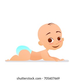 Cute baby lies on stomach and smiles on isolated white background