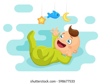 Cute baby lies and playing toys. Vector illustration