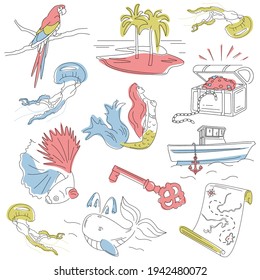 Cute baby linear icons about sea adventures. Simple illustrations for children's books, magazines, coloring pages. Set of prints for clothes. Logo for animator, kindergarten, baby goods store, food