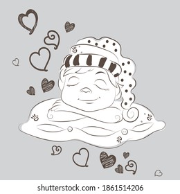cute baby lines with hearts vector sleeping on pillow with eyes closed on white background