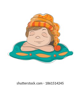 cute baby lines vector sleeping on pillow with eyes closed on white background