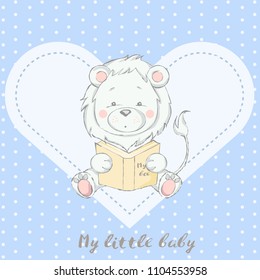 cute baby lion with book cartoon  for t-shirt, print, product, flyer ,patch, fabric, textile,tile,card, greeting  fashion,baby, kid, shower, powder,soap, hand drawn style. vector illustration