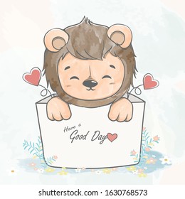 Cute baby lion in a box water color cartoon hand drawn vecter illustration. Use for Happy birthday invitation card, T-shirt print, baby shower.