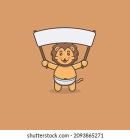 Cute Baby Lion Bring Blank Banner. Character, Mascot, Icon, Logo, Cartoon and Cute Design. Vector and Illustration.
