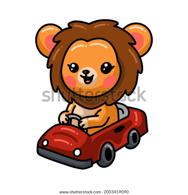 Cute baby lion cartoon\
driving red car