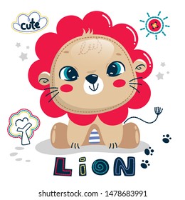 Cute baby lion cartoon sitting on the field isolated on white background illustration vector.