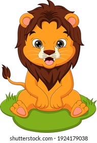 Cute Baby Lion Cartoon Sitting In The Grass