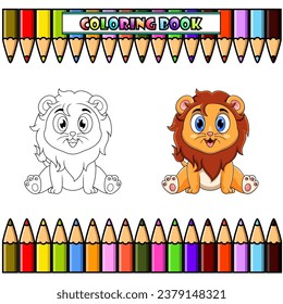 Cute baby Lion cartoon sitting for coloring book