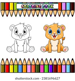 Cute baby Lion cartoon sitting for coloring 