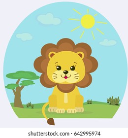 Cute Baby Lion In A Cartoon Style On A Nature Background Of The Savannah/Lion Cub On The Nature In The Afternoon.