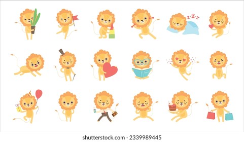 Cute Baby Lion Character with Mane Engaged in Different Activity Vector Set