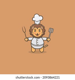 Cute Baby Lion Chef. Character, Mascot, Icon, Logo, Cartoon and Cute Design. Vector and Illustration.