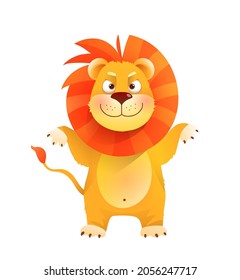 Cute baby lion clipart for kids, isolated on white. Children amusing wild lion animal design. Vector illustration in watercolor style.