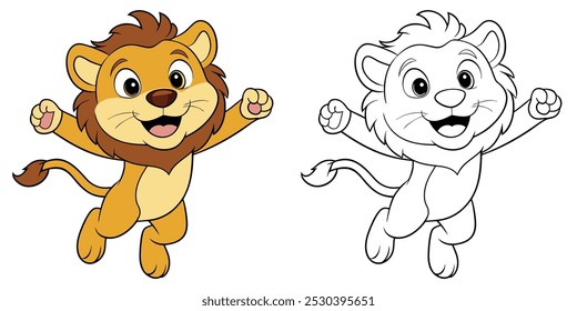 Cute Baby Lion Coloring Pages For Kids. Lion Coloring Book Printable. Lion Icon. Cute Lion Cartoon Jumping Illustration Vector Design On White Background