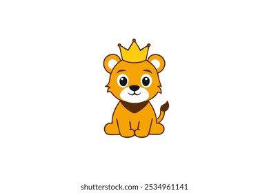 Cute baby lion with a crown in a playful cartoon style. Perfect vector art for kids' products, illustrations, and digital designs. Adorable royalty for your creative needs.