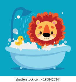 Cute baby lion cub bathes in the bath. Vector print for children. Kids Cartoon character animal. Cleanliness in the bathroom.