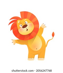 Cute baby lion curious asking question. Clipart for kids isolated on white. Children amusing wild lion animal design. Vector illustration in watercolor style.