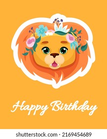 Cute Baby Lion with flowers crown for nursery design, poster, birthday greeting cards, baby shower flyers. Vector cartoon illustration for children