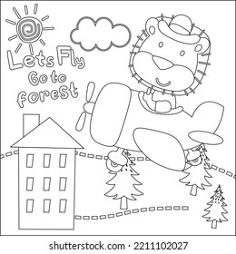 cute baby lion flying on a plane. cartoon hand drawn vector illustration. Childish design for kids activity colouring book or page.