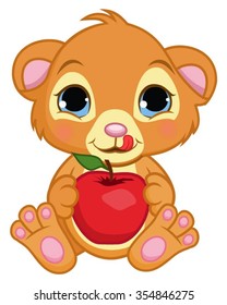 Cute baby lion holding a red apple.