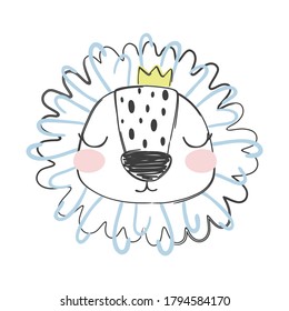 Cute baby lion king. Head animal with crown. Vector print for kids. Vector print for baby shower.