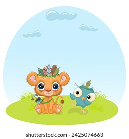 Cute baby lion and little owl, Childish style vector characters. Happy baby lion and owl, Perfect illustration for t-shirt wear fashion print design, greeting card, party invitation and much more