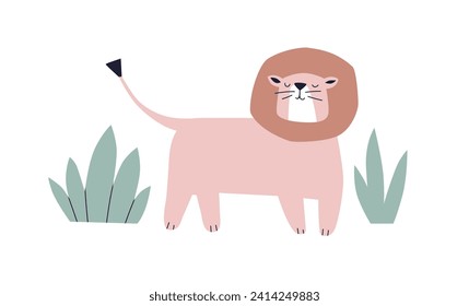 Cute baby lion with mane. Wild cat, jungle feline animal in nature. Tropical African mammal character in Scandinavian nordic style. Kids Scandi flat vector illustration isolated on white background