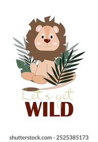 Cute baby lion in nature jungle. Lion cub isolated clipart set. Cartoon animal in jungle, vector illustration for kids.