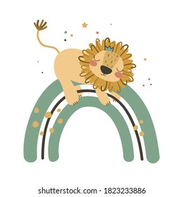 Cute baby lion on rainbow. Use this clipart to create baby shower invites, nursery art, birthday decor, greeting cards, children's clothing. Vector illustration.