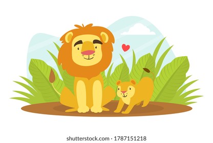 Cute Baby Lion and Parent, Happy Wild African Animals Family Cartoon Vector Illustration