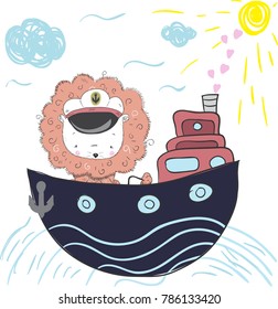 Cute baby lion sailor on the ship.Cartoon hand drawn vector illustration. Can be used for print t shirts baby, design print fashion socks kids, congratulations celebrations baby shower cards and invit