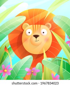 Cute baby Lion in savannah sitting in grass leaves with flowers and blue sky. Colorful wildlife illustration for kids nursery room print or greeting card design. Vector cartoon in watercolor style.