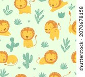 Cute Baby Lion seamless pattern. Children background with adorable lion character in different poses and face expressions - running, stretcing, smiling. Pastel green, cactus greenery, leaves, branches