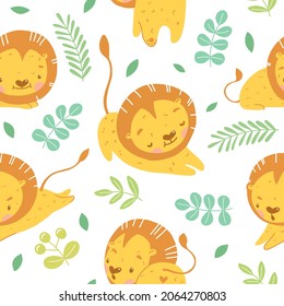 Cute Baby Lion seamless pattern. Children illustration with adorable lion character in different poses and face expressions - running, stretcing, smiling. White background, greenery, leaves, branches