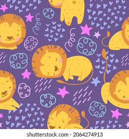 Cute Baby Lion seamless pattern. Children illustration with adorable sleepy lion character in different poses and face expressions - sleeping, stretcing, smiling. Dark purple background, pink stars
