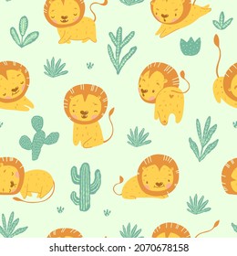 Cute Baby Lion sin fisuras. Niños de fondo con adorable personaje de león en diferentes poses y expresiones faciales - corriendo, estirando, sonriendo. Verde pastel, vegetación de cactus, hojas, ramas