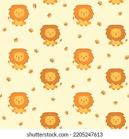 Patrón de león de bebé sin foco. Niños de fondo con adorables leones y huellas de pata. Caracteres amarillos brillantes