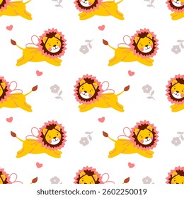 Cute baby lion seamless vector pattern