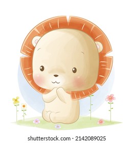 Cute baby lion sitting in the grass watercolor illustration