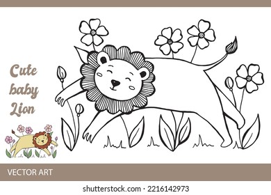 Cute Baby Lion, Vector Art, Coloring Book Page, Cute Lion Drawing, Coloring Page, Lion Lineart.