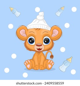 Ilustración vectorial del león del bebé. Un lindo león. Caricatura de estilo. Tarjeta de ducha para bebés. Ilustración perfecta para el diseño de la moda de los camisetas, tarjetas, ducha de bebé, invitación a fiesta