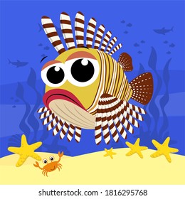 cute baby lionfish cartoon illustration, also know as pterois mombasae, firefish or frillfin turkeyfish. With bubbles and under the sea background. Design for baby and child