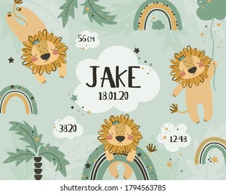 Cute Baby Lions With Rainbow And Clouds. Vector Print For Baby Shower. Birth Poster - Newborn Metric Poster. Greeting Card.