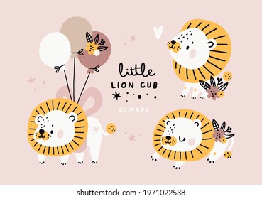 Cute baby lions set with flowers in pastel colors. Lion cub illustration for newborn baby. Set with cute baby shower animal.  Ideal for cards, poster, prints, anniversary, nursery clothing, kids room 