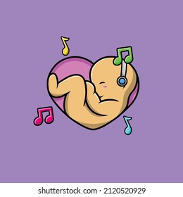 Cute Baby Listening Music With Headphones In The Womb Cartoon Vector Icon Illustration. People Technology Icon Concept Isolated Premium Vector. Flat Cartoon Style