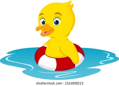 Cute baby little duck cartoon swimming on inflatable ring