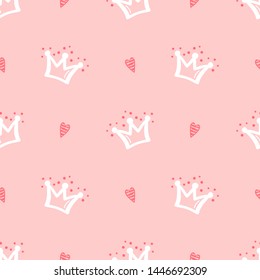 Cute Baby and Little Princess Pink Background. Doodle Crown and Heart Seamless Childish Pattern