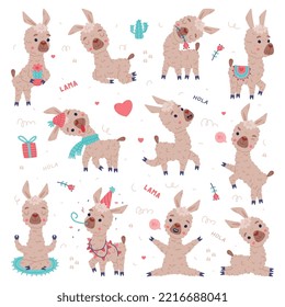 Llama de bebé con diferentes poses. Carácter divertido alpaca animal domesticado. Dibujo infantil para pegatinas, tarjetas, textiles, decoración infantil ilustración vectorial