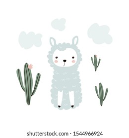 Cute baby llama with a flowering cactus on a white background. Vector illustration for printing on fabric, postcard, wrapping paper, book, picture, Wallpaper.