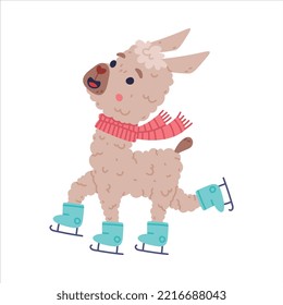 Cute baby llama skating on rink. Alpaca character domesticated animal. Childish print for sticker, card, textile, nursery decor vector illustration